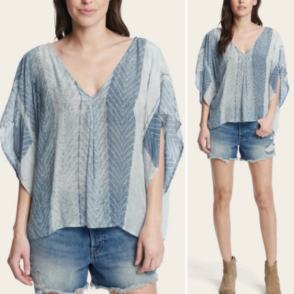 Frye Women’s Pleated V-Neck Oversized Flowy Stone Blue Semi Sheer Blouse Top